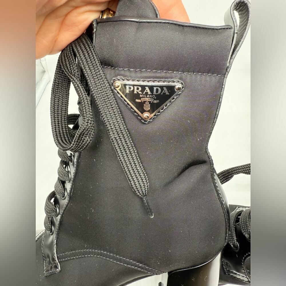 Prada Black Leather/ Re-Nylon Metal Triangle Logo 110mm Ankle Boots EU 38.5 - Picture 11 of 15